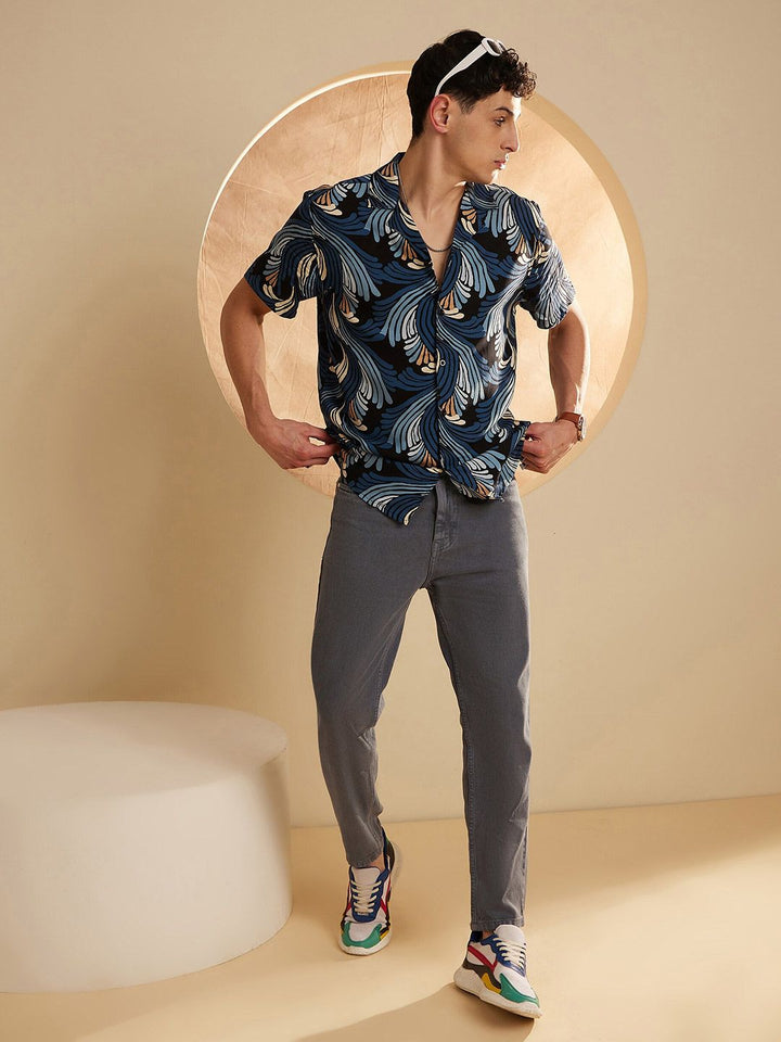 DENNISON Smart Floral Printed Cuban Collar Oversized Casual Shirt
