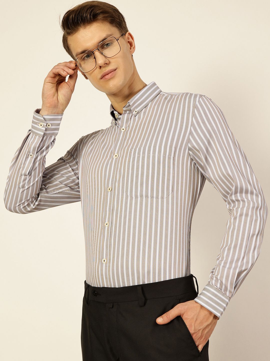 Thomas Scott Men Smart Fit Button-Down Collar Vertical Striped Cotton Formal Shirt