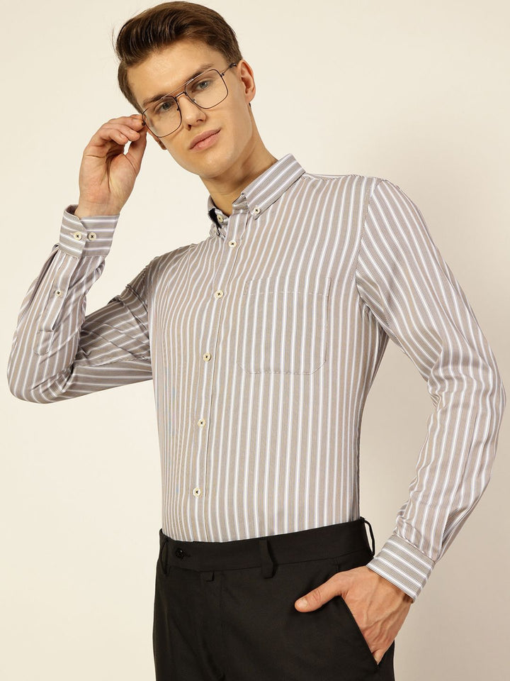 Thomas Scott Men Smart Fit Button-Down Collar Vertical Striped Cotton Formal Shirt