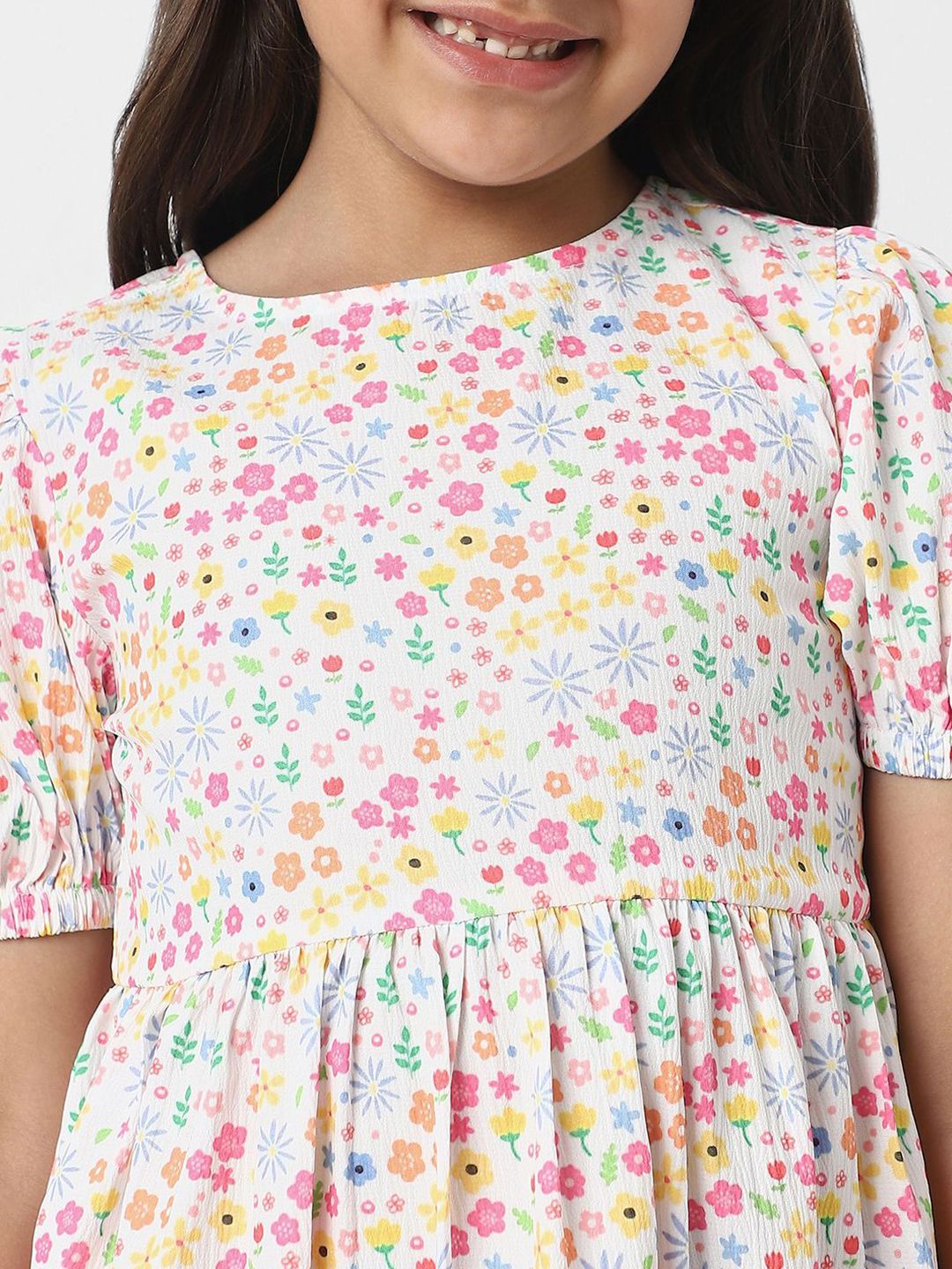 Nauti Nati Girls Floral Print White Cotton Frock