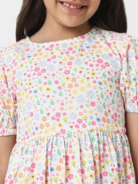Nauti Nati Girls Floral Print White Cotton Frock