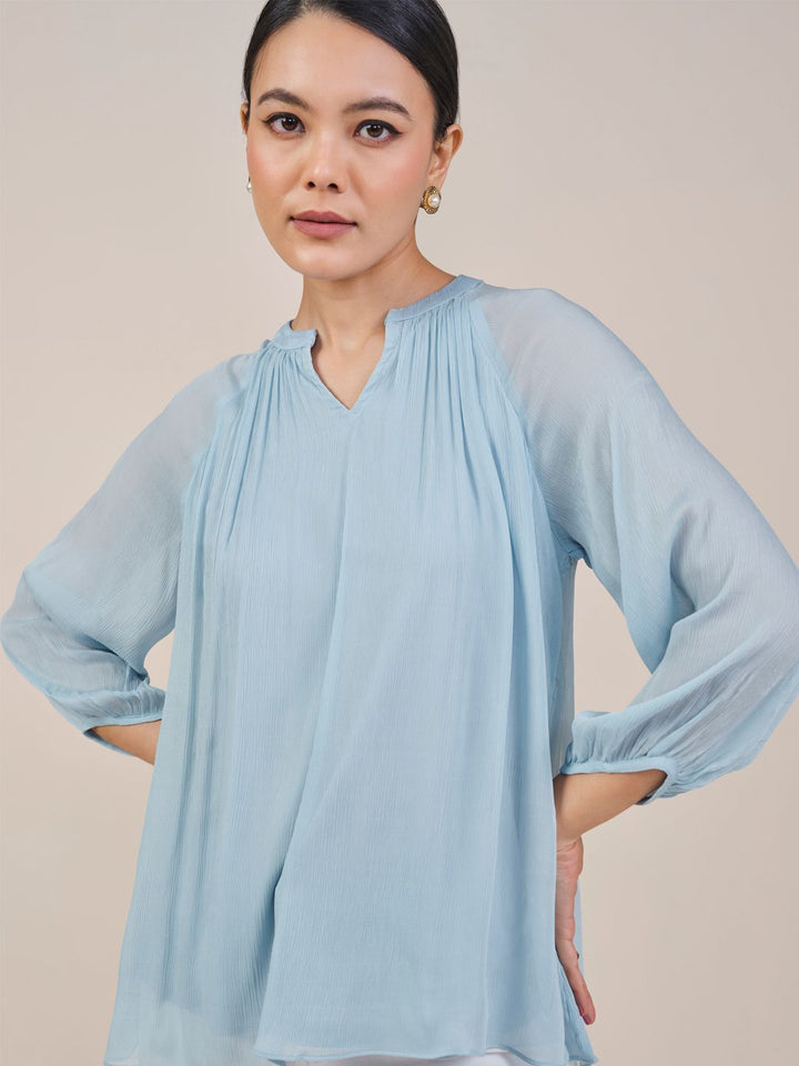 AND Women Solid Puff Sleeves Mandarin Collar Top
