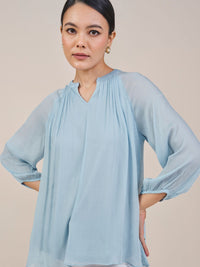 AND Women Solid Puff Sleeves Mandarin Collar Top