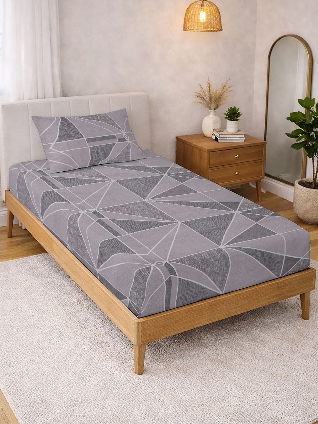 KLOTTHE Purple & Grey Geometric 300 TC Single Bedsheet with 1 Pillow Covers