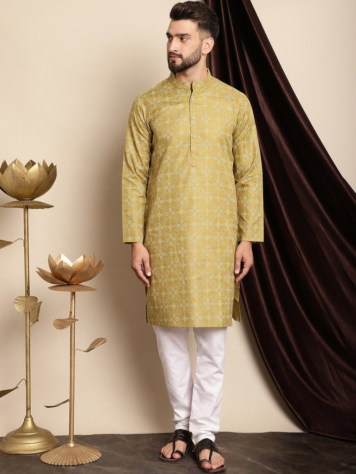 Anouk Olive Green & White Ethnic Motifs Printed Kurta With Churidar