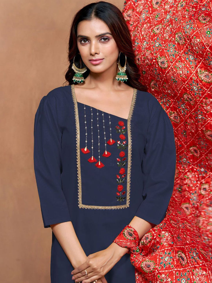 KALINI Ethnic Motifs Yoke Design Thread Work Straight Kurta With Salwar & Dupatta