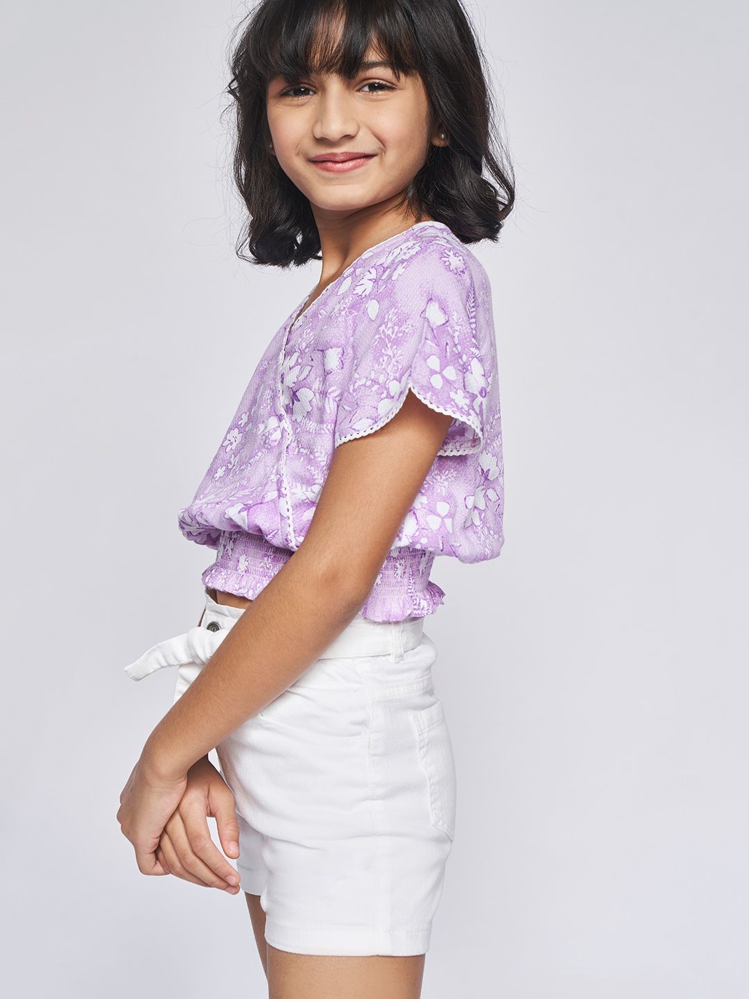 Global Desi Lavender Floral Print Blouson Top