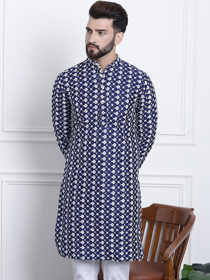 SOJANYA Bunga Sulam Kolar Mandarin Benang Kerja Kurta Lurus