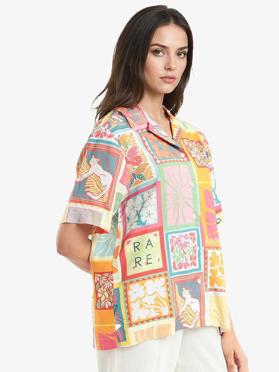 RAREISM Women Floral Printed Shirt Collar Top