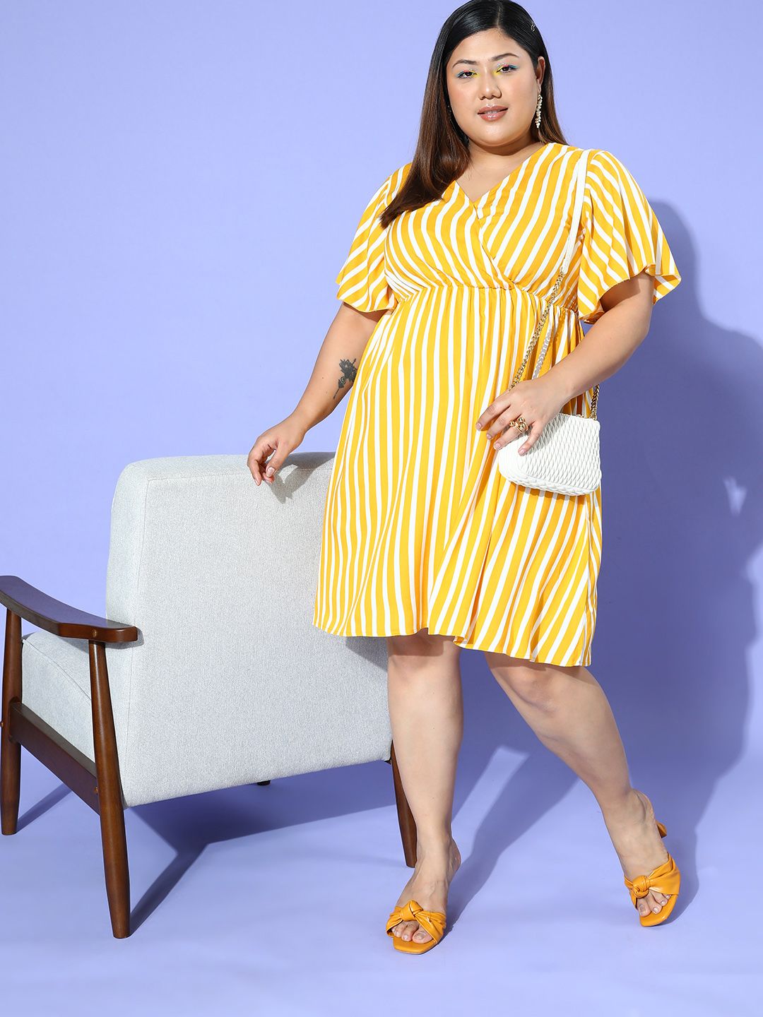 Berrylush Curve Striped Flutter Sleeve A-Line Dress