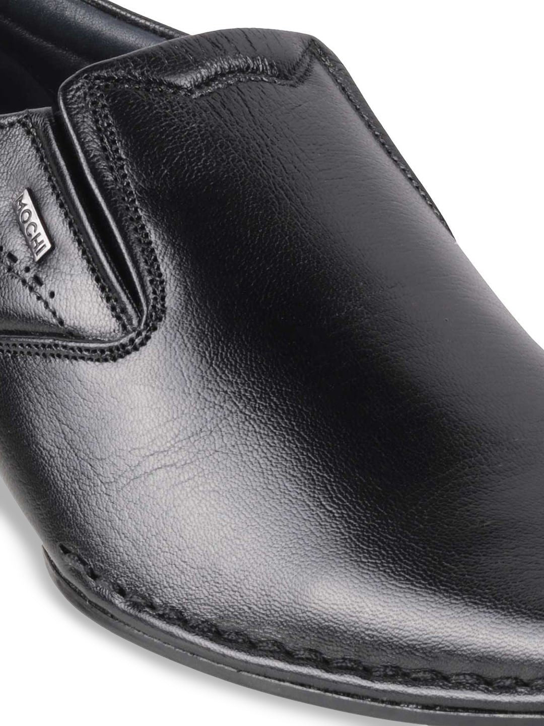 Mochi Men Black Solid Leather Formal Slip-Ons
