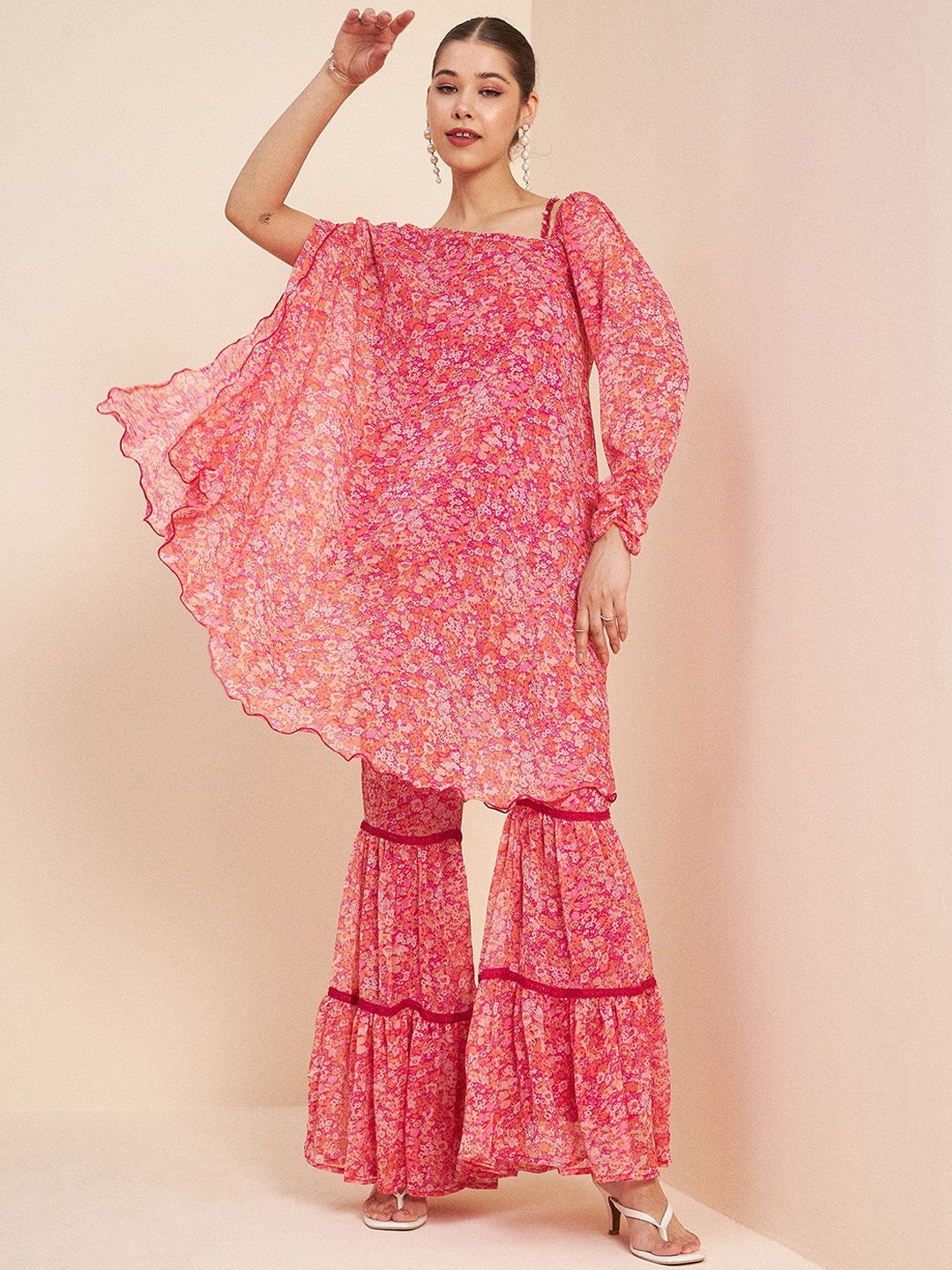 Antheaa Pink Floral Printed A-Line Kurta With Sharara