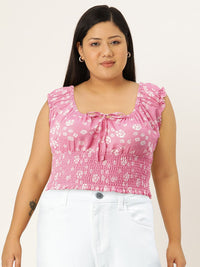 DressBerry Pink & White Floral Print Smocked Empire Crop Top