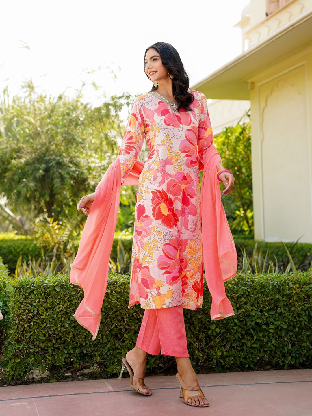 KALINI Floral Printed Regular Cotton Blend Kurta with Trousers With Dupatta
