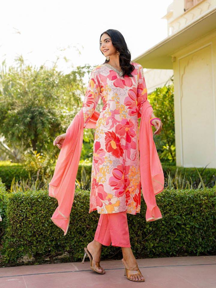 KALINI Floral Printed Regular Cotton Blend Kurta with Trousers With Dupatta