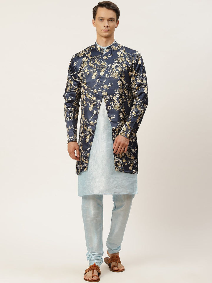 SOJANYA Men Blue Solid Kurta Set With Printed Jacket