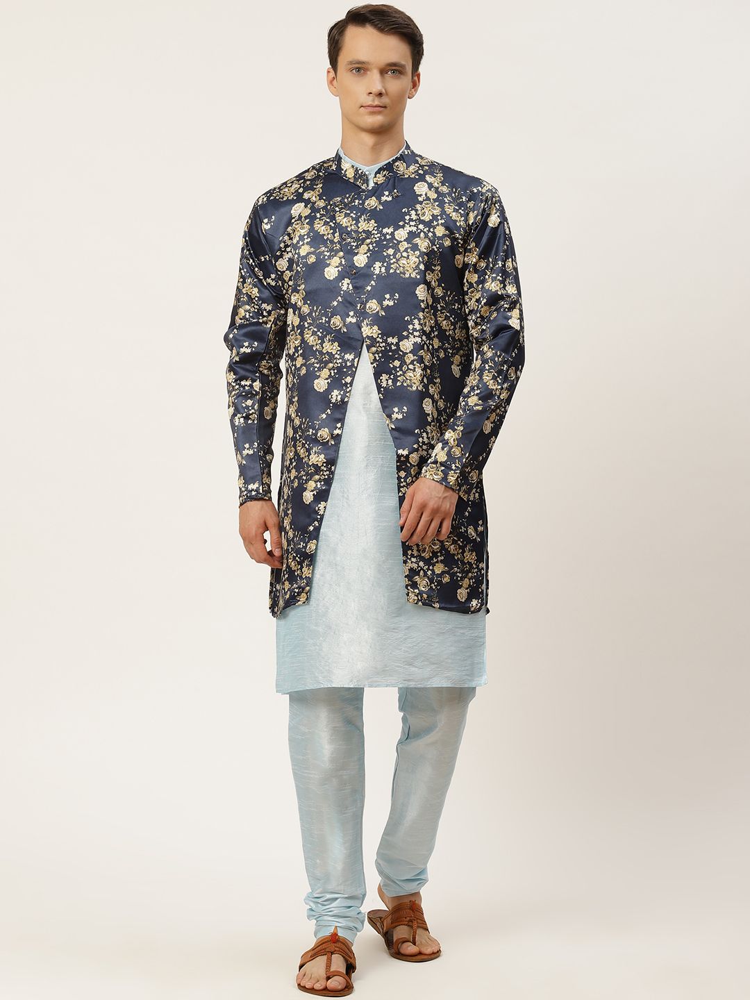 SOJANYA Men Blue Solid Kurta Set With Printed Jacket