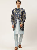 SOJANYA Men Blue Solid Kurta Set With Printed Jacket