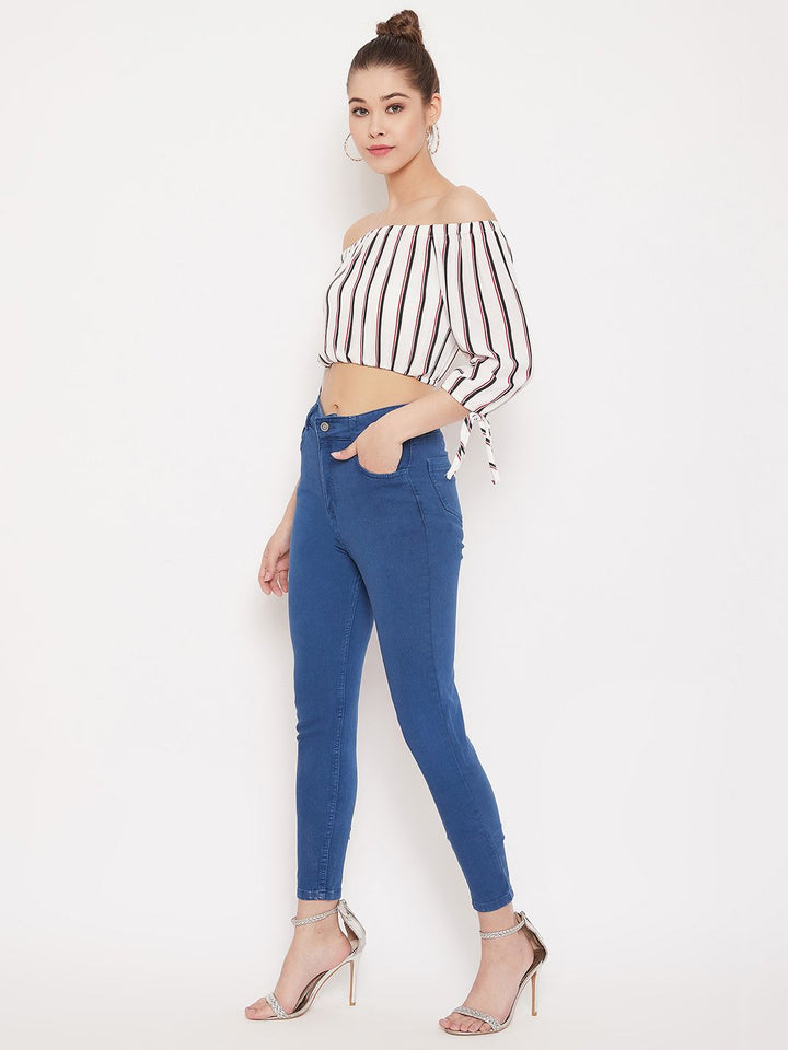Berrylush Women White Striped Bardot Top