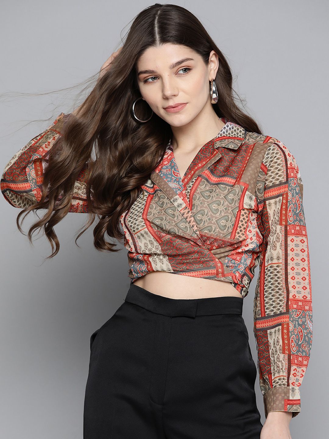 Sassafras Brown & Red Geometric Printed Georgette Wrap Crop Top