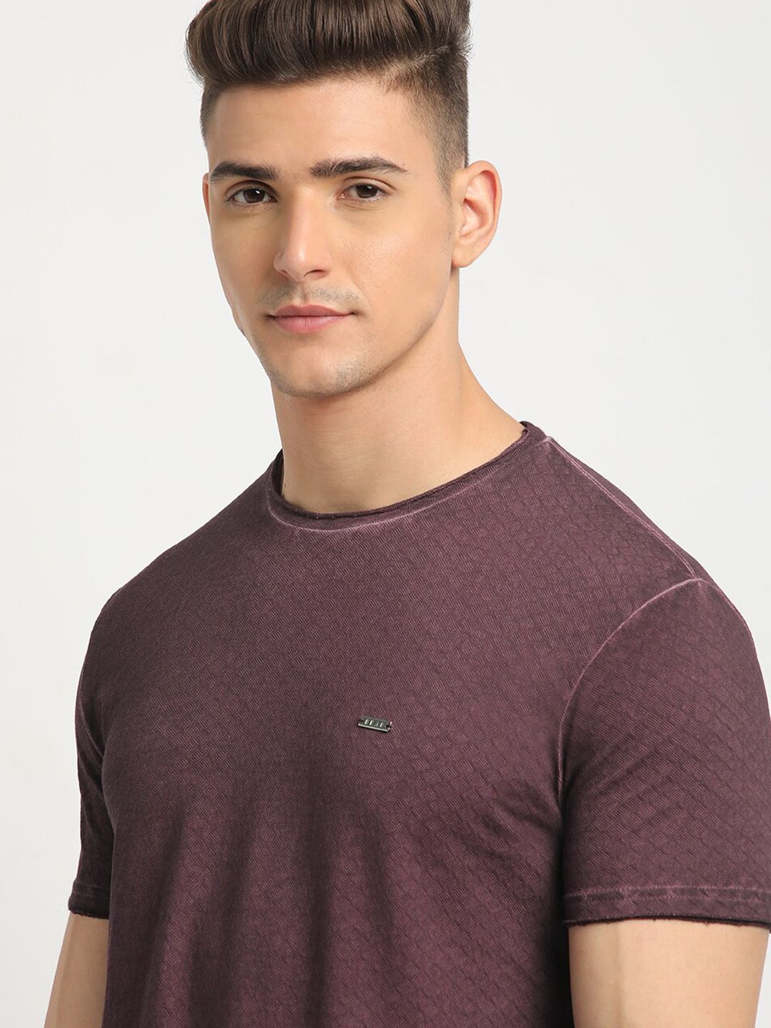 THE BEAR HOUSE Self Design Round Neck Short Sleeves Cotton T-shirt