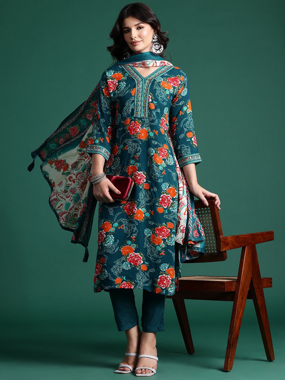 Indo Era Floral Printed Mirror Work Kurta with Trousers & With Dupatta