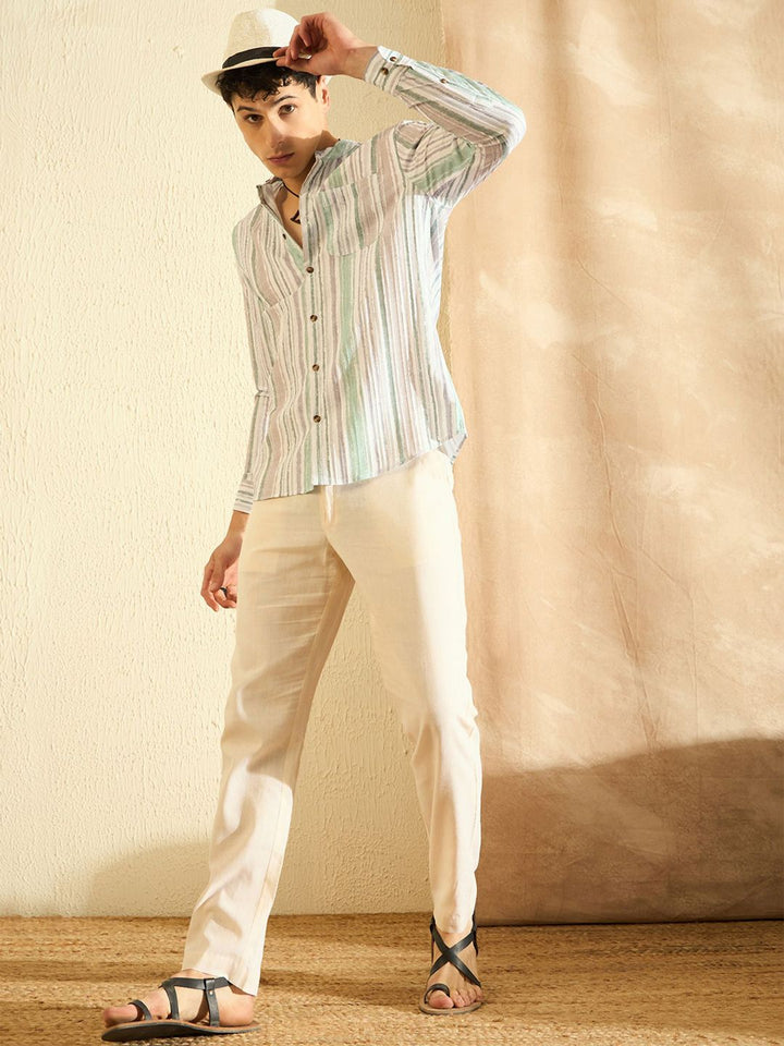 DENNISON Smart Striped Band Collar Casual Shirt