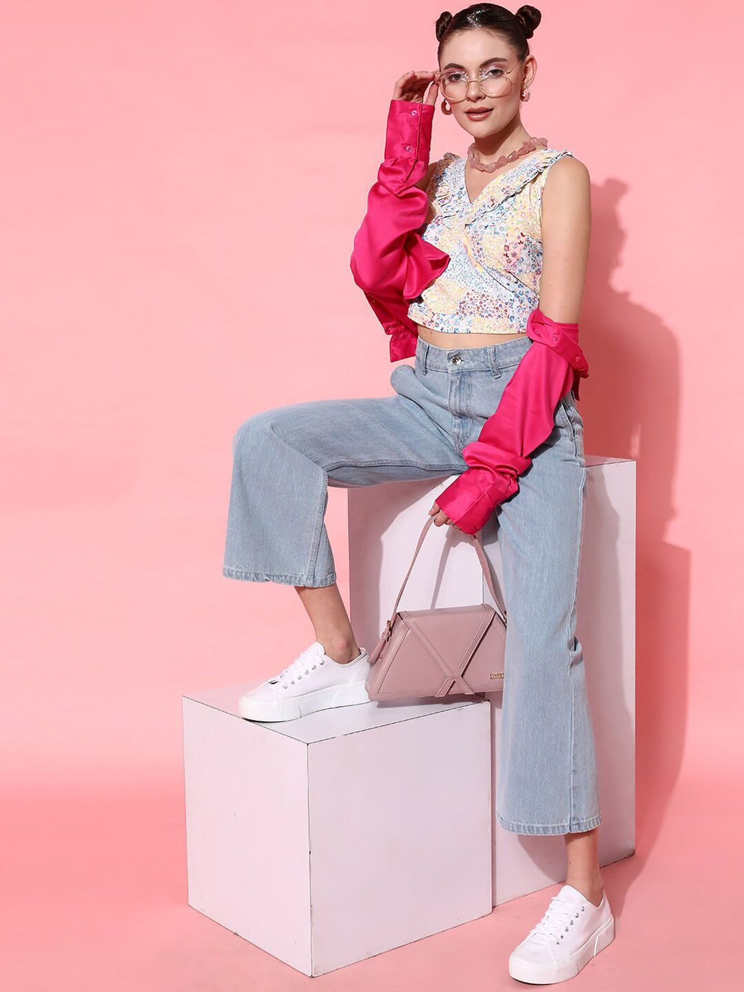 STREET 9 Women Blue Hottie Wide Leg High-Rise Low Distress Jeans