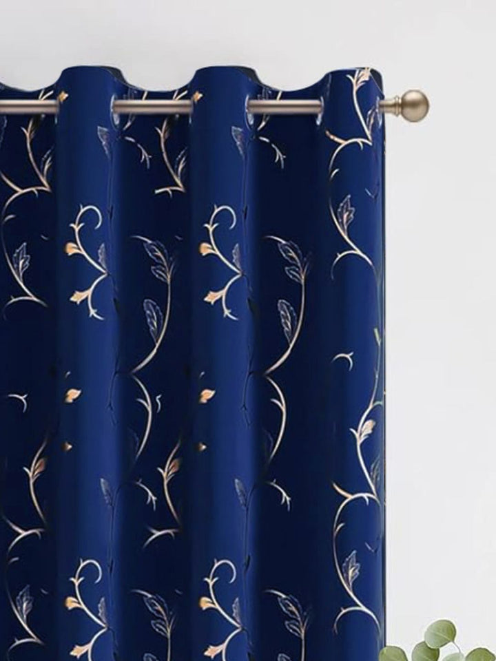 URBAN SPACE Navy Blue & White Floral Printed Black Out Long Door Curtain