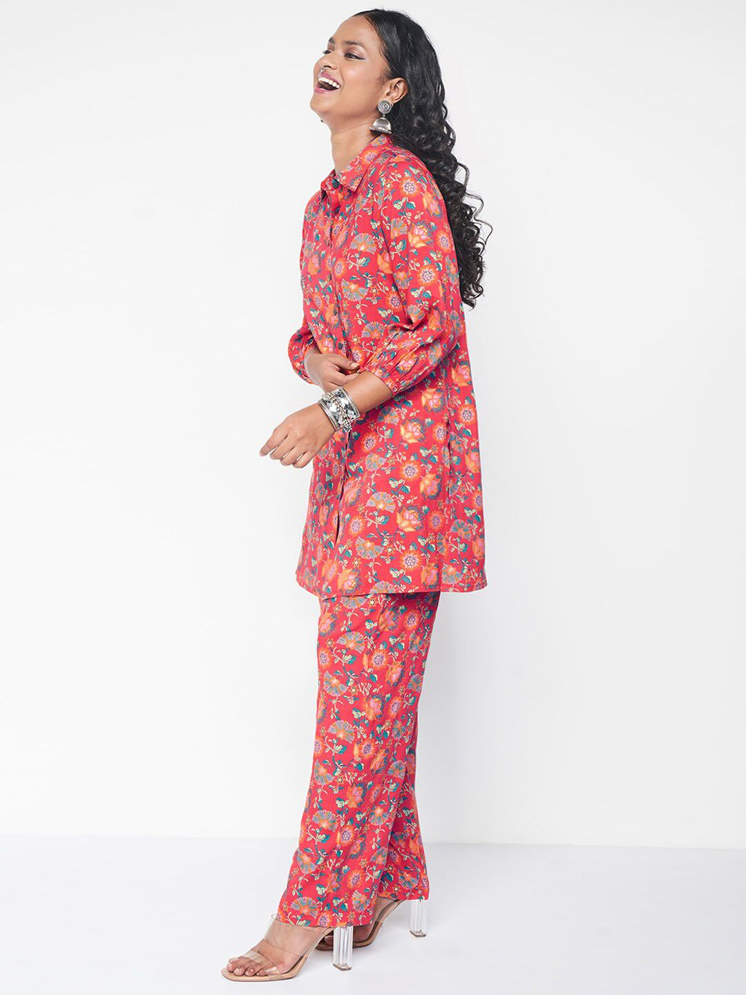 Global Desi Collar Neck Shirt & Mid -Rise Trouser Co-Ords