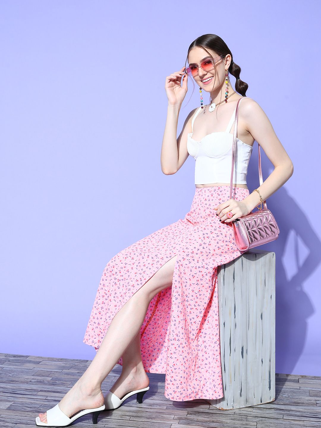 Berrylush Pretty Pink Floral Peekaboo Slit Skirt