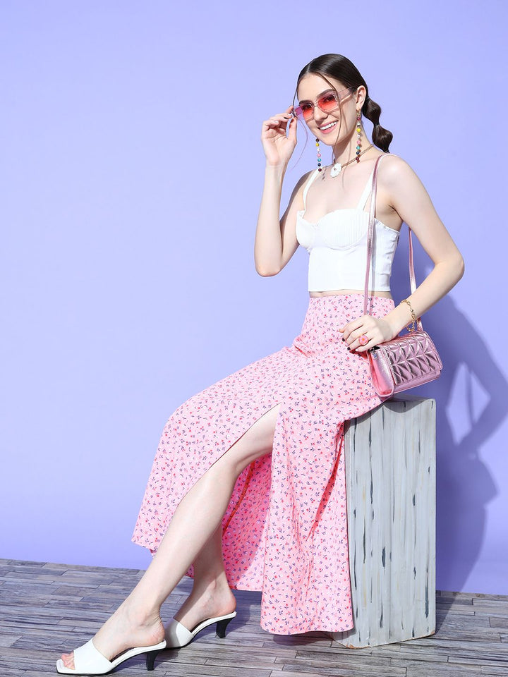 Berrylush Pretty Pink Floral Peekaboo Slit Skirt