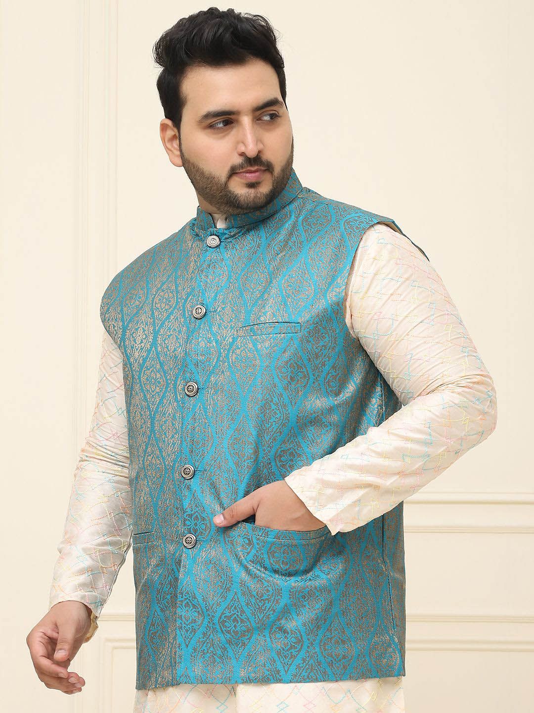 SOJANYA PLUS Lelaki Plus Size Printed Mandarin Collar Nehru Jaket