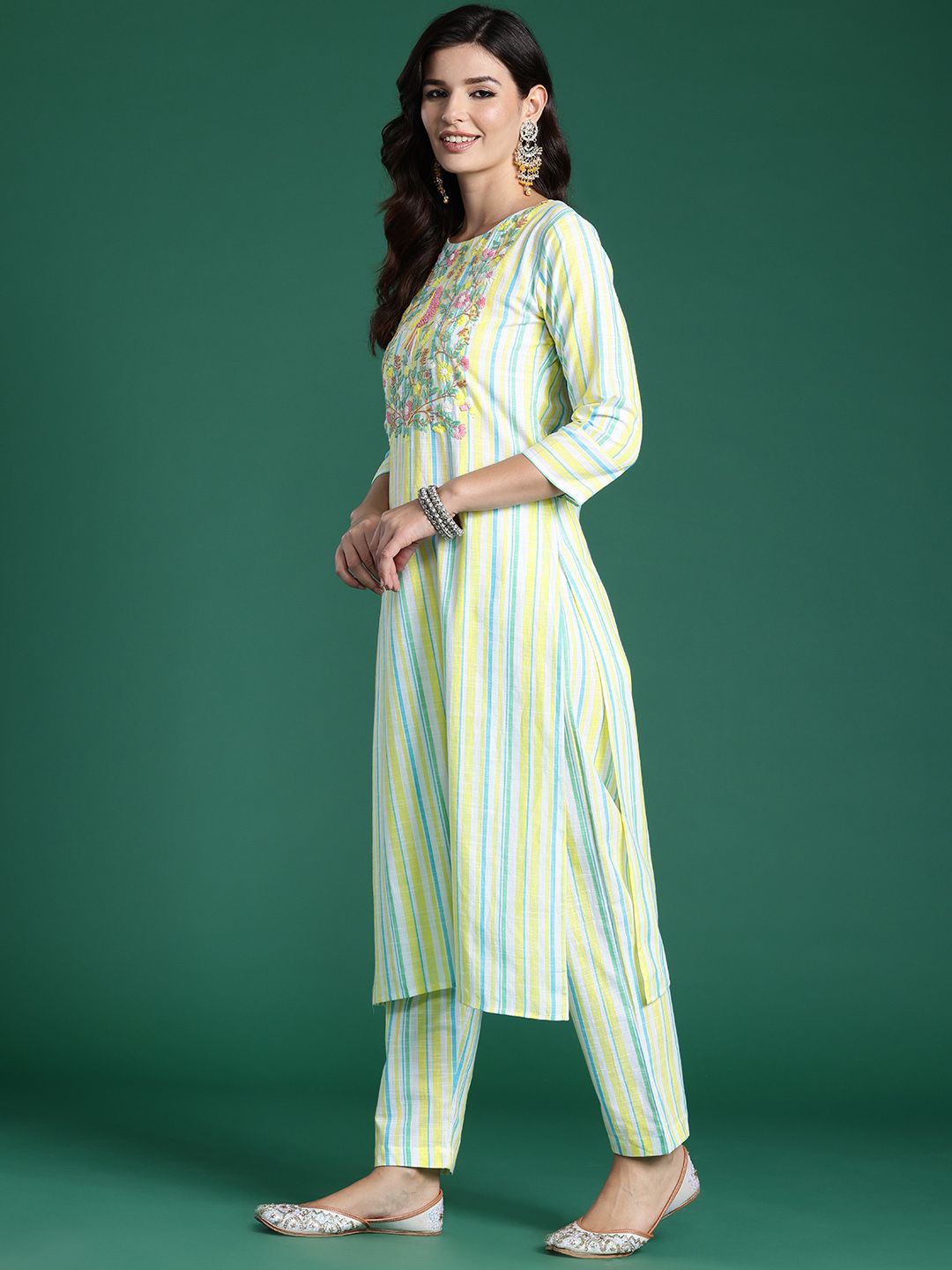 Indo Era Women Striped Regular Thread Work Pure Cotton Kurta with Trousers