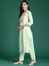 Indo Era Women Striped Regular Thread Work Pure Cotton Kurta with Trousers