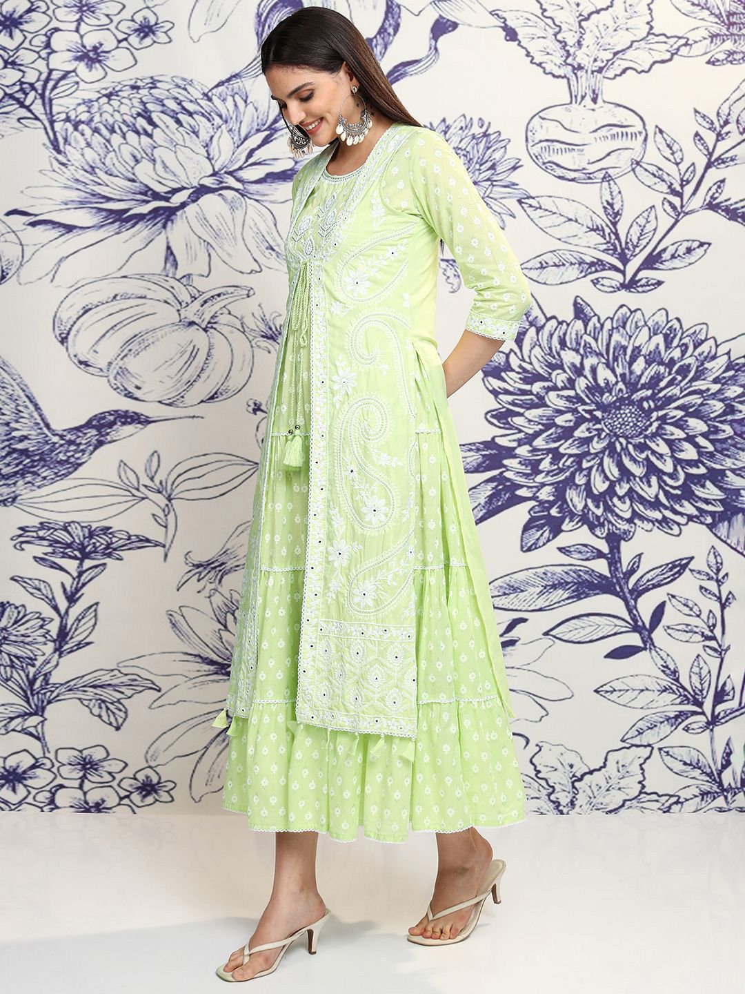 Vishudh Green Embroidered Cotton Tiered A-Line Midi Ethnic Dress With Shrug