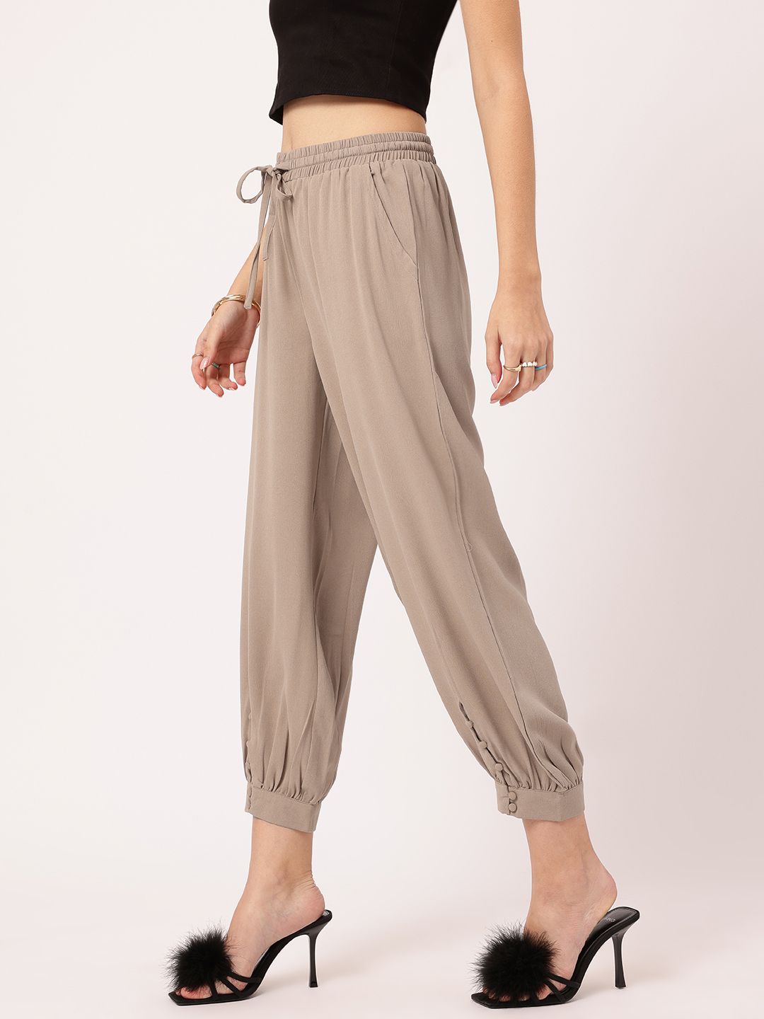 DressBerry Women Street Style Staple Buttoned-Cuffs Crop Trousers