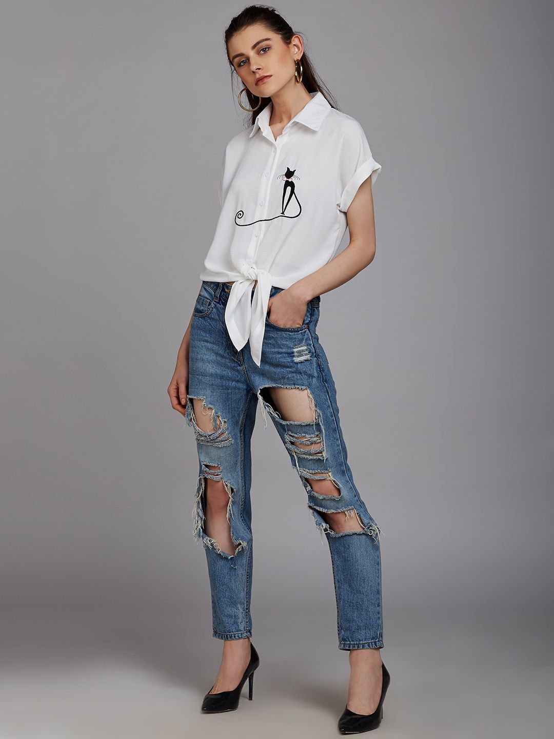 Berrylush Women White Casual Shirt with Embroidered Detail