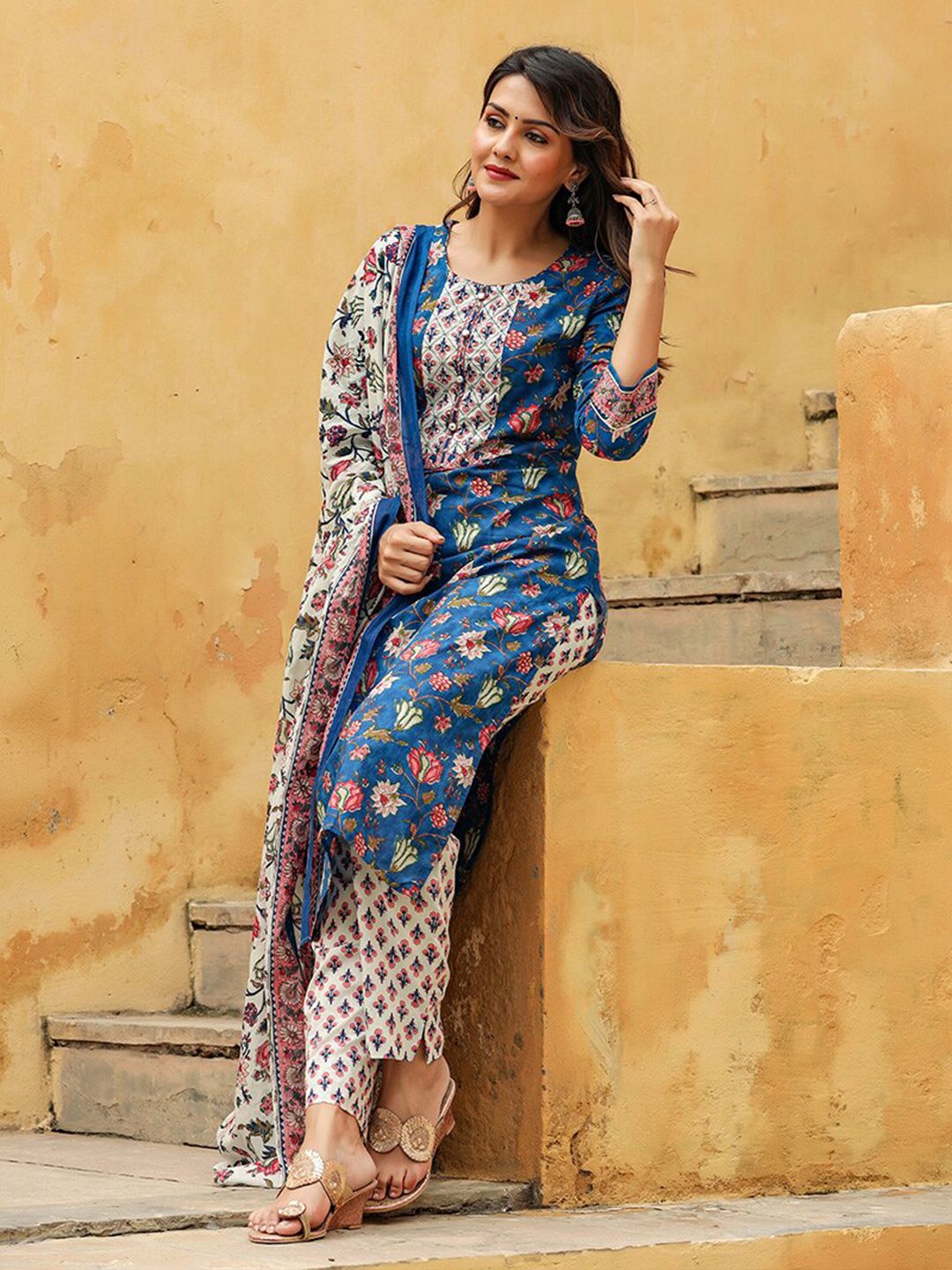 KALINI Floral Printed Gotta Patti Kurta & Trousers With Dupatta