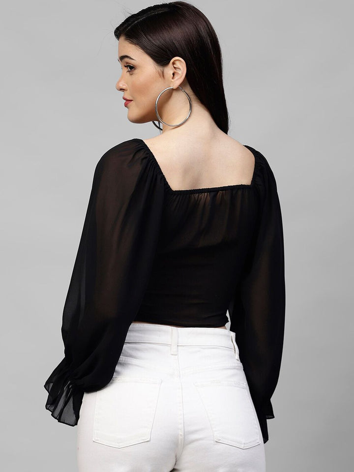 Athena Black Bell Sleeves Georgette Crop Top