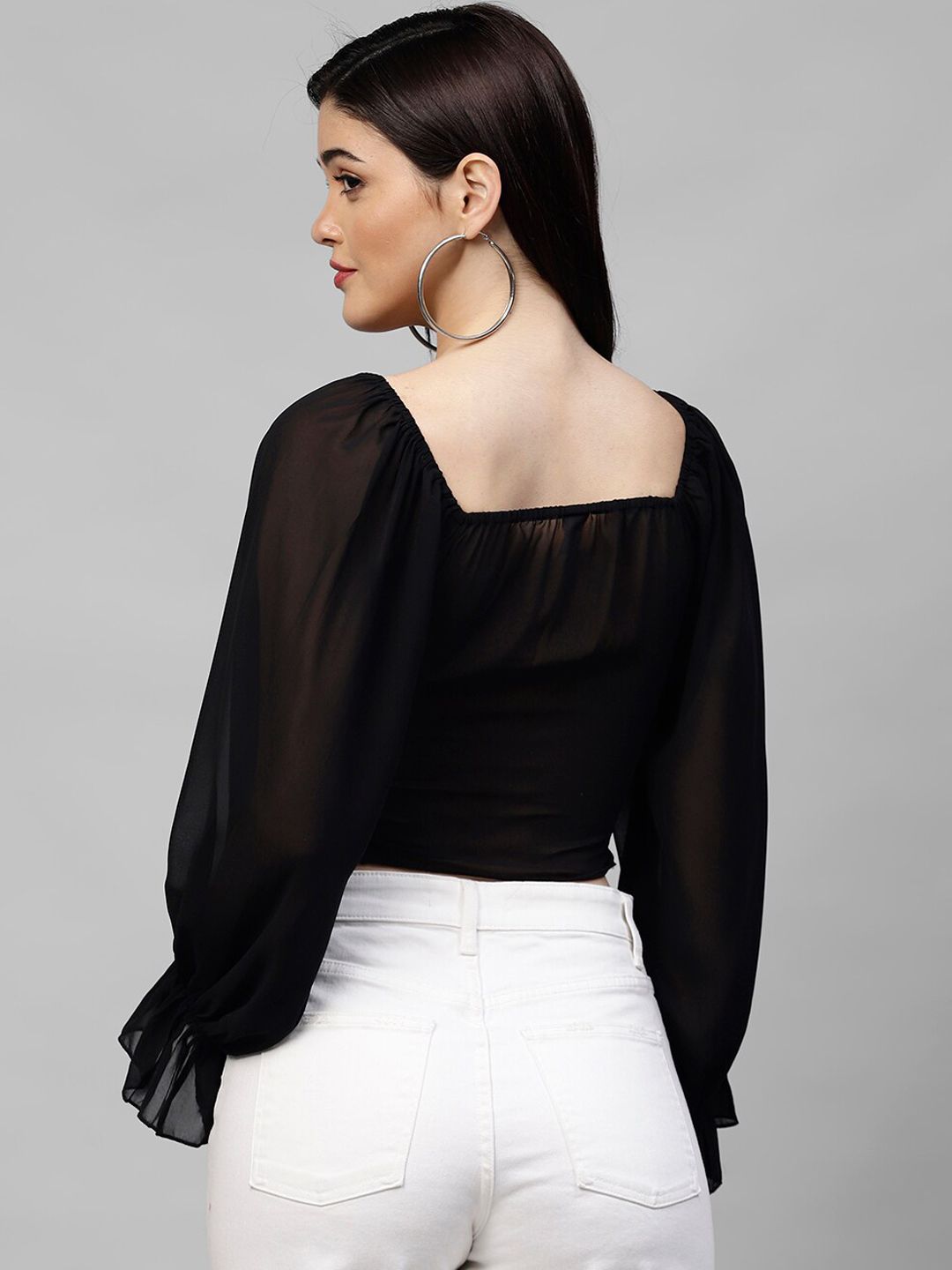 Athena Black Bell Sleeves Georgette Crop Top