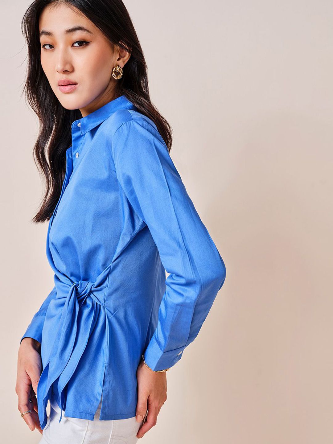 AND Women Solid Shirt Collar Long Sleeves Cotton Top