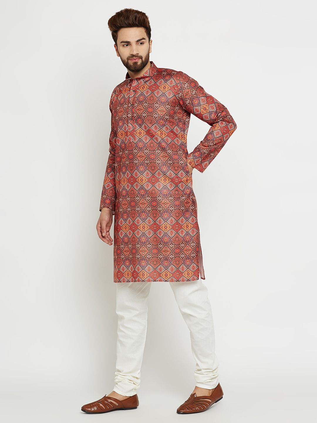 SOJANYA Men Orange & Blue Printed Straight Kurta