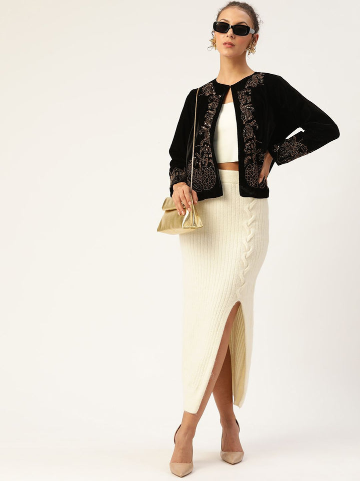 Antheaa Women Black Embroidered Velvet Finish Open Front Jacket