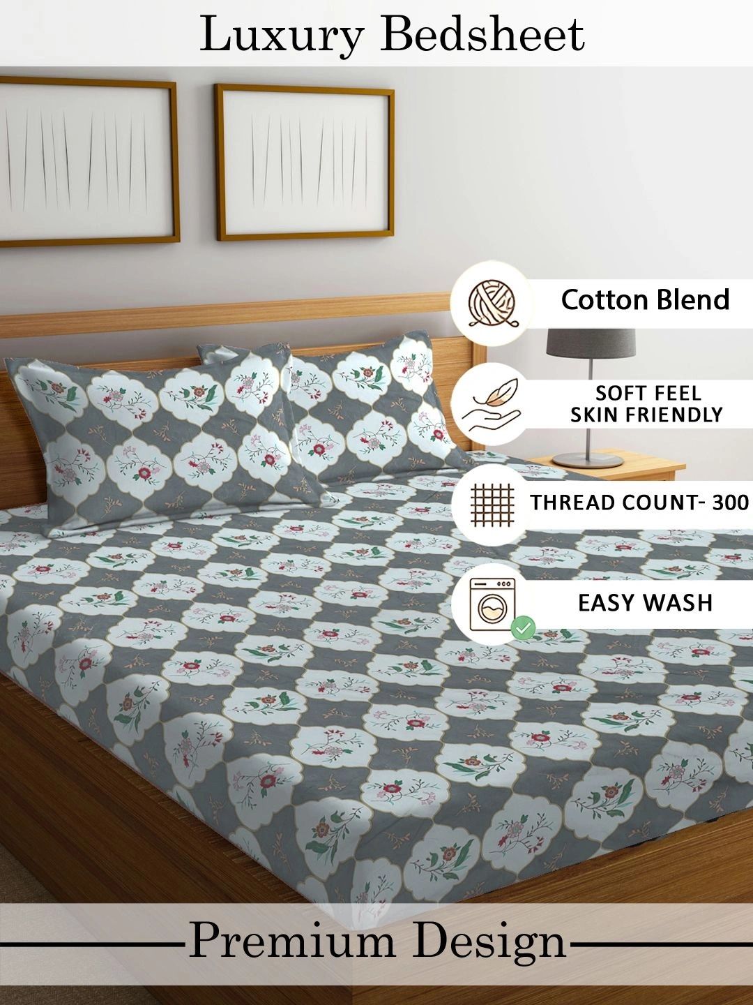 Moda Rapido X KLOTTHE Cadar 300 TC Bunga Kelabu & Bunga Kelabu dengan 2 Sarung Bantal