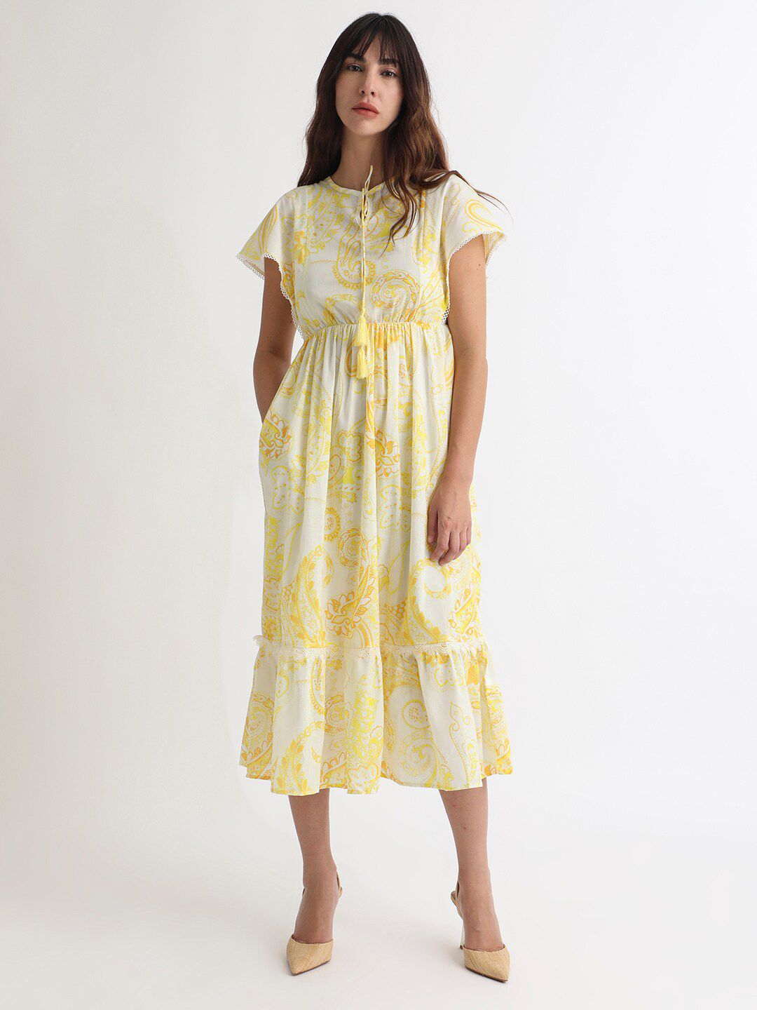RAREISM Floral Printed Tie-Ups Detail Extended Sleeve Cotton Fit & Flare Midi Dress