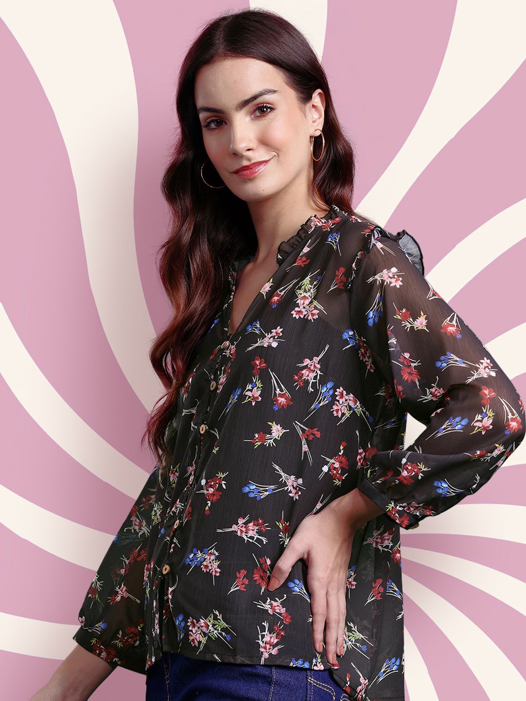 DressBerry Floral Print Ruffles Shirt Style Top