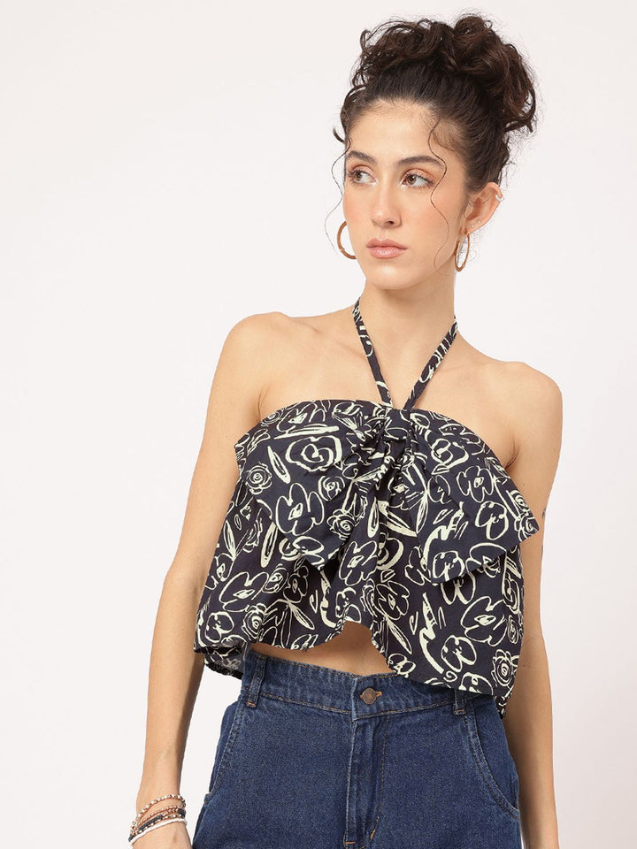 DressBerry Bow-Bliss Printed Halter Neck Top