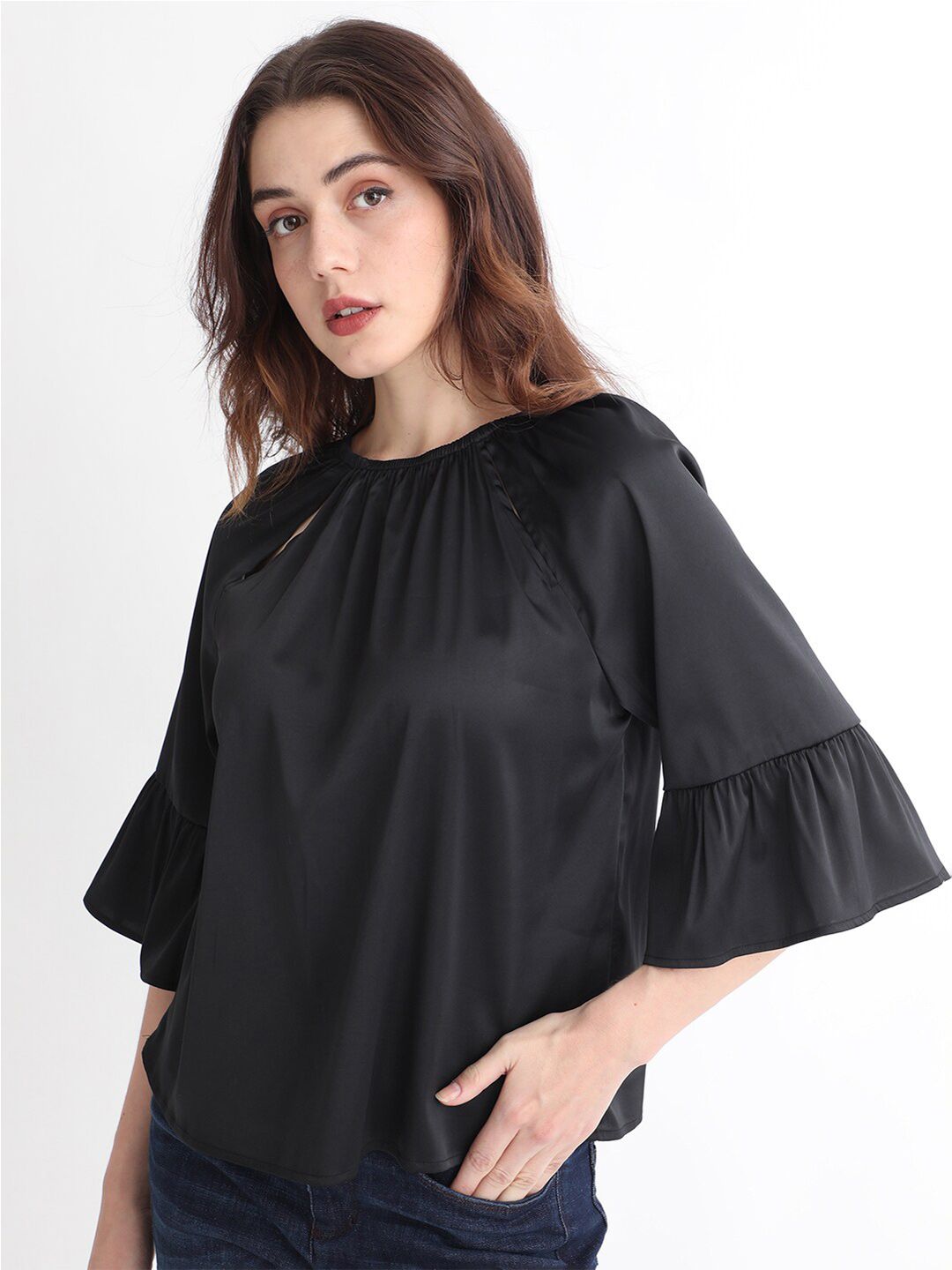 RAREISM Bell Sleeves Cut Outs Detail Cotton Top