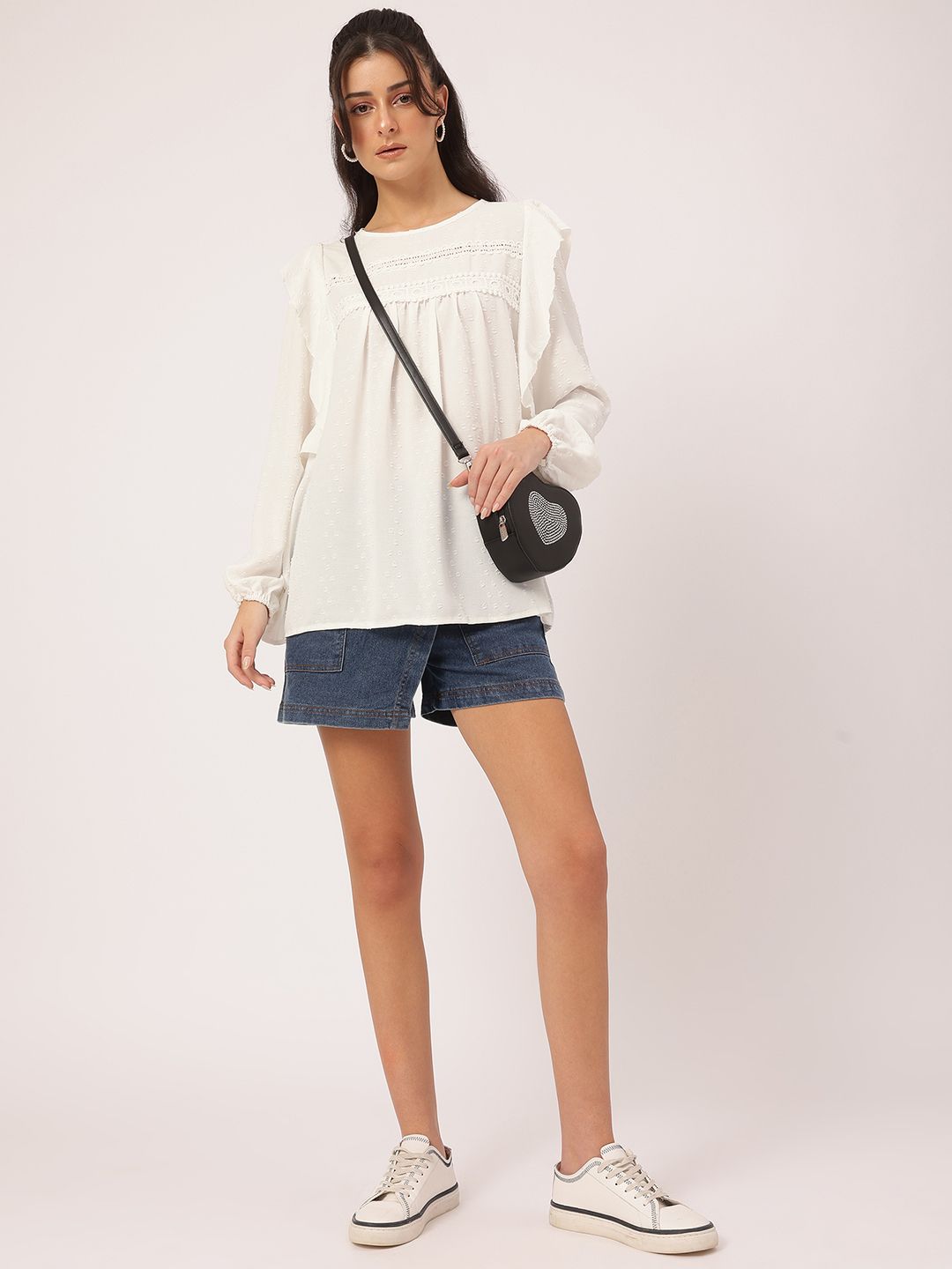 DressBerry Free Spirit Fit Dobby Weave Lace Inserts Ruffled Top